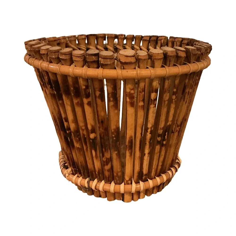 Vintage Bamboo Slat Basket Tapered Wicker Wood Base Boho Decor 5.25 x 4.5